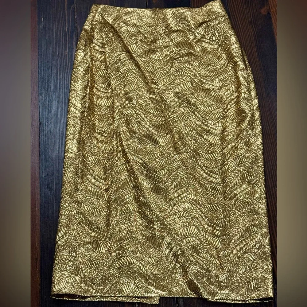 J. Crew Collection Pencil Skirt in Gold Metallic Leaf Jacquard, Size 2